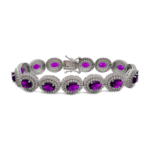 Purple Zirconia Halo Oval Tennis Bracelet (Silver)