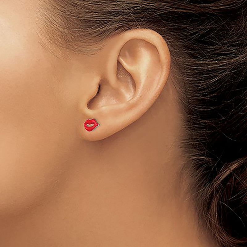 Enamel Red Lips Stud Earrings (Silver)