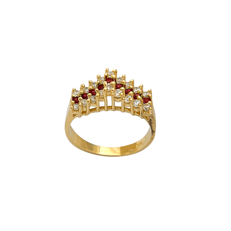 Red Zirconia 3-Row Rooftop Setting Ring (14K)