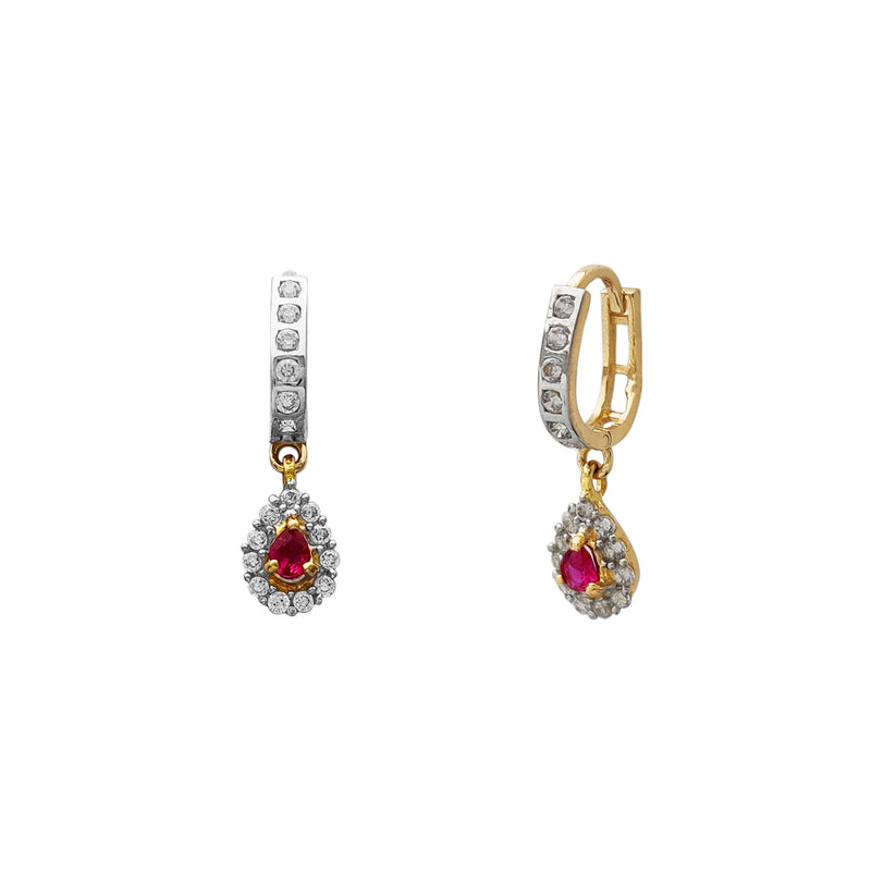 Red Stone Halo Teardrop Hanging Huggie Earrings (14K) Popular Jewelry New York