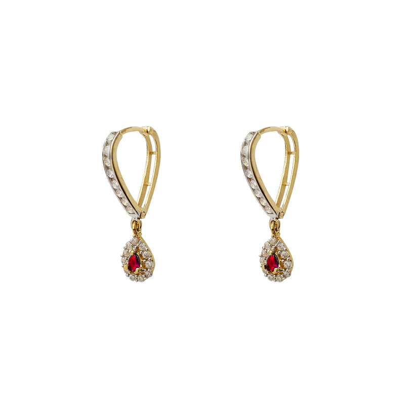 Red Stone Pave Teardrop V-Shape Hanging Huggie Earrings (14K) Popular Jewelry New York