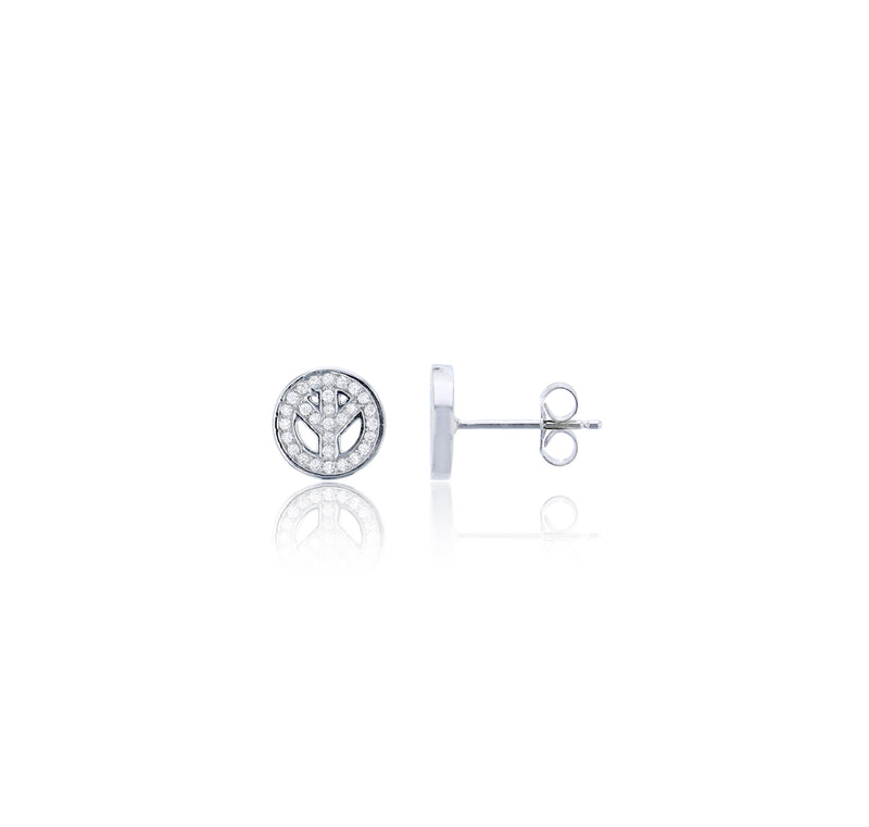 Round Pave Peace Sign Stud Earrings (Silver)-
