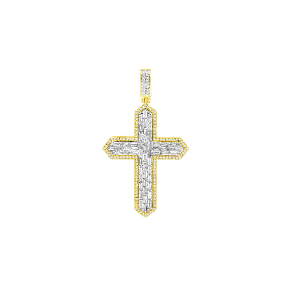 Diamond Two-Tone Round & Baguettes Cross Pendant (14K)
