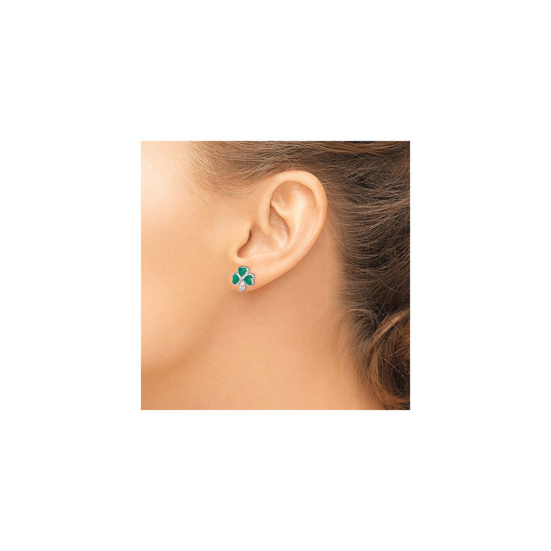 Petite Shamrock Stud Earrings (Silver) model - Popular Jewelry - New York