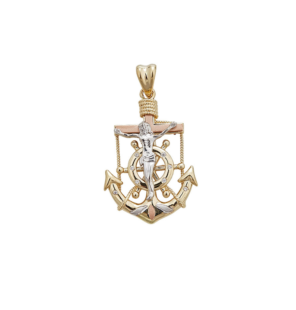 Tricolor Anchor Crucifix Pendant (14K)