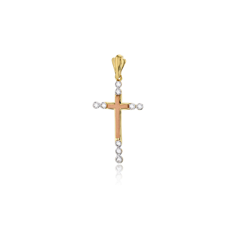 Tricolor CZ Bezel Cross Pendant (14K)