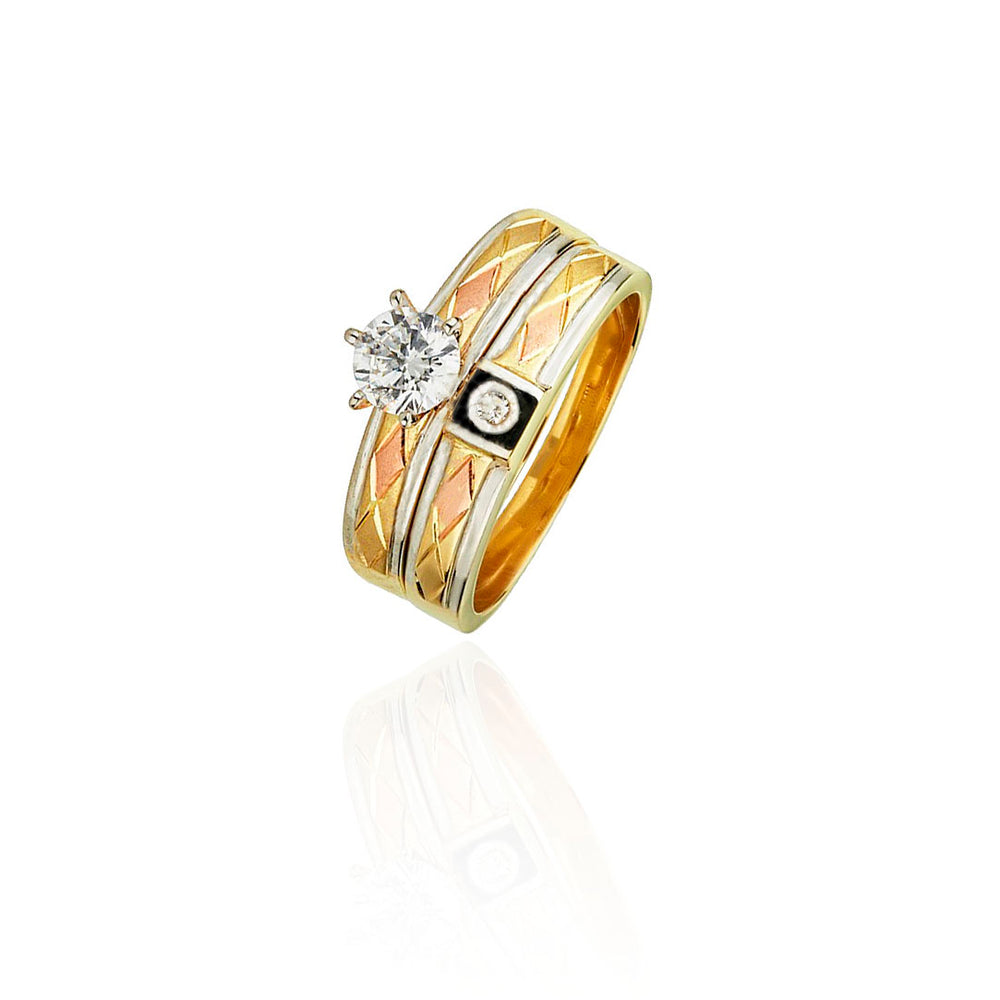 Two-Piece Tricolor Engagement & Wedding Set (14K; Cubic Zirconia)