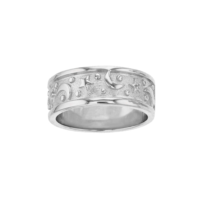 Textured Moon & Stars Band Ring (Silver) Popular Jewelry New York