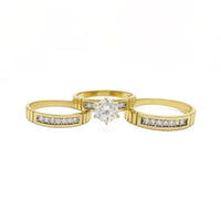 Conjunto de tres anillos de boda de corte acanalado de compromiso redondo (14K) frente - Popular Jewelry - Nueva York