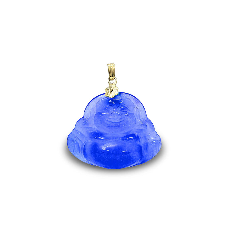 Translucent Jade Dark Blue Laughing Buddha Pendant (14K)