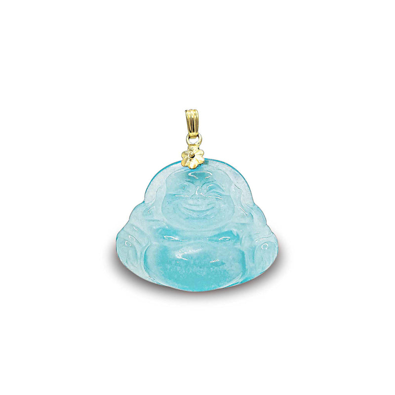 Translucent Jade Light Blue Laughing Buddha Pendant (14K)