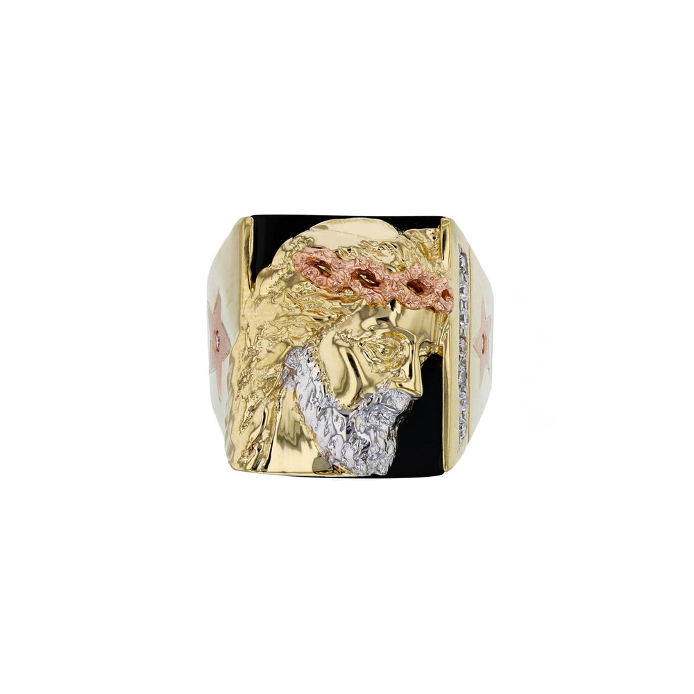 Tri-Color Black Onyx Jesus Head Ring (14K) Popular Jewelry New York