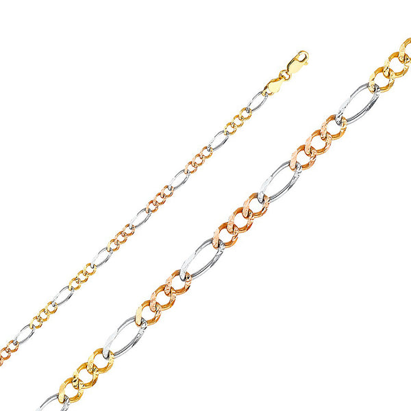 [Solid] Tri-Color Diamond-Cuts Figaro Bracelet (14K).