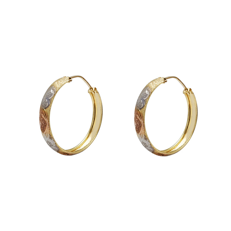 Tri-Color Heart Sandblasted Hoop Earrings (14K) Popular Jewelry New York