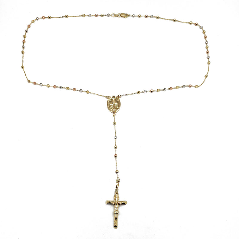 Tri-Color Rosary Bead Necklace (14K)