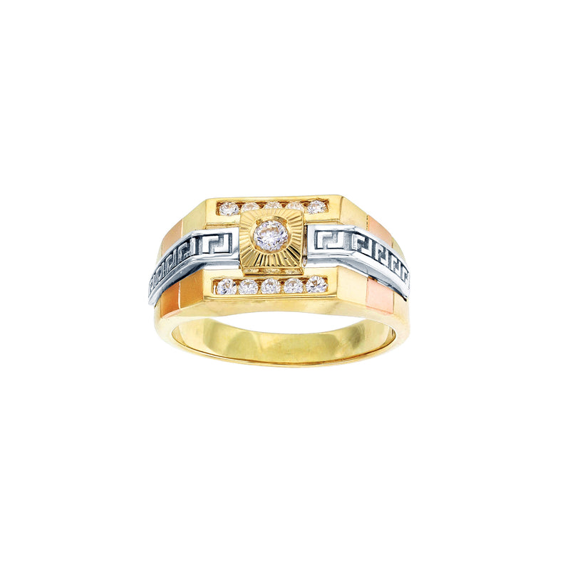 Tri-Color Satin Finish Greek Key Ring (14K) Popular Jewelry New York