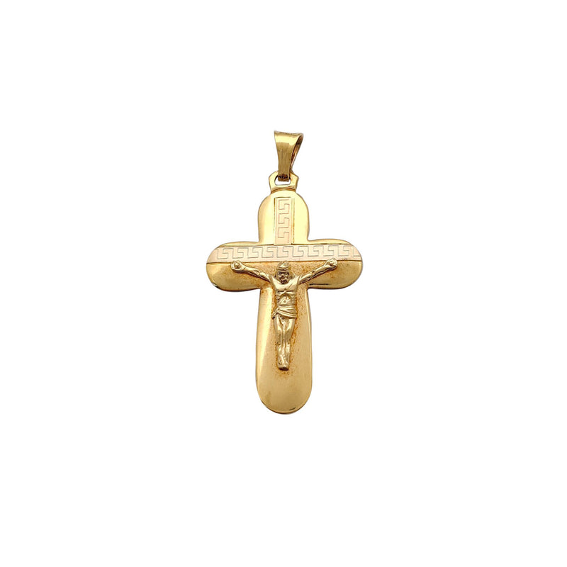 Tri-Tone Greek-Key Crucifix Pendant (14K)