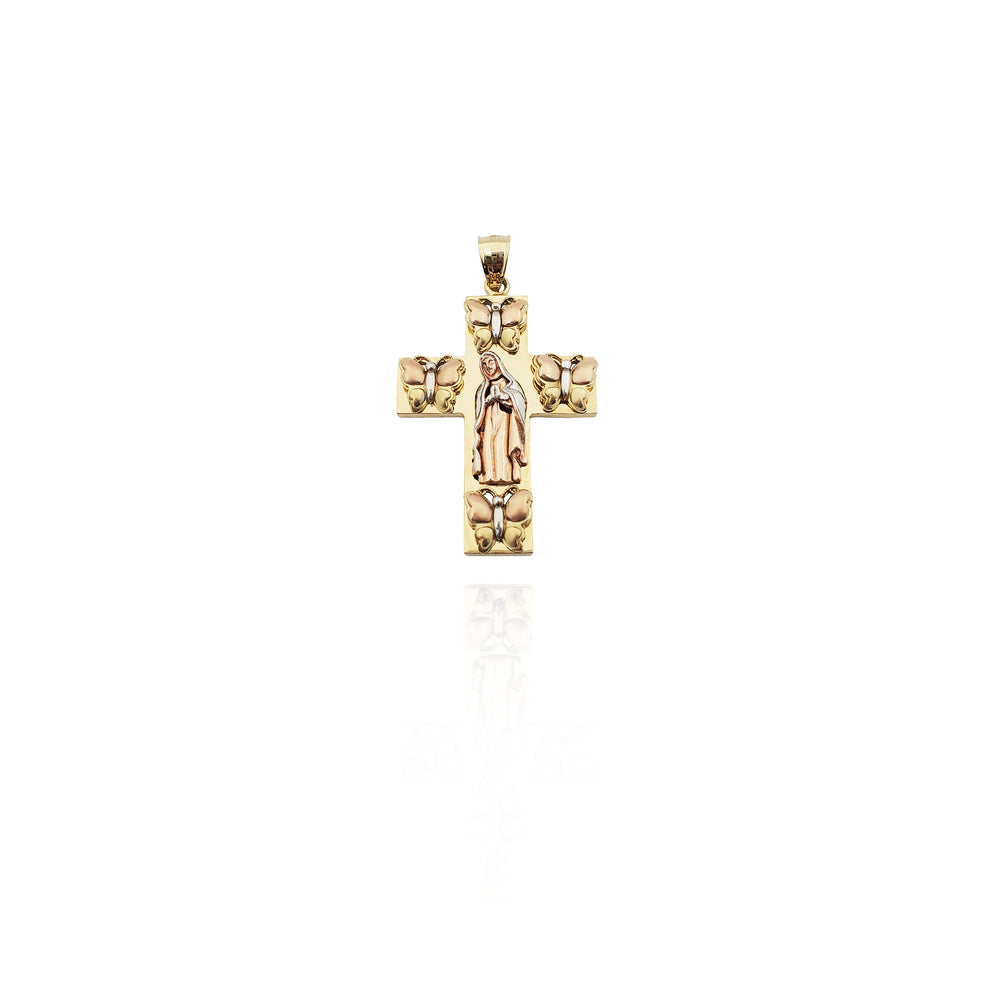 Tri-Color Mary with Butterflies Cross Pendant (14K)