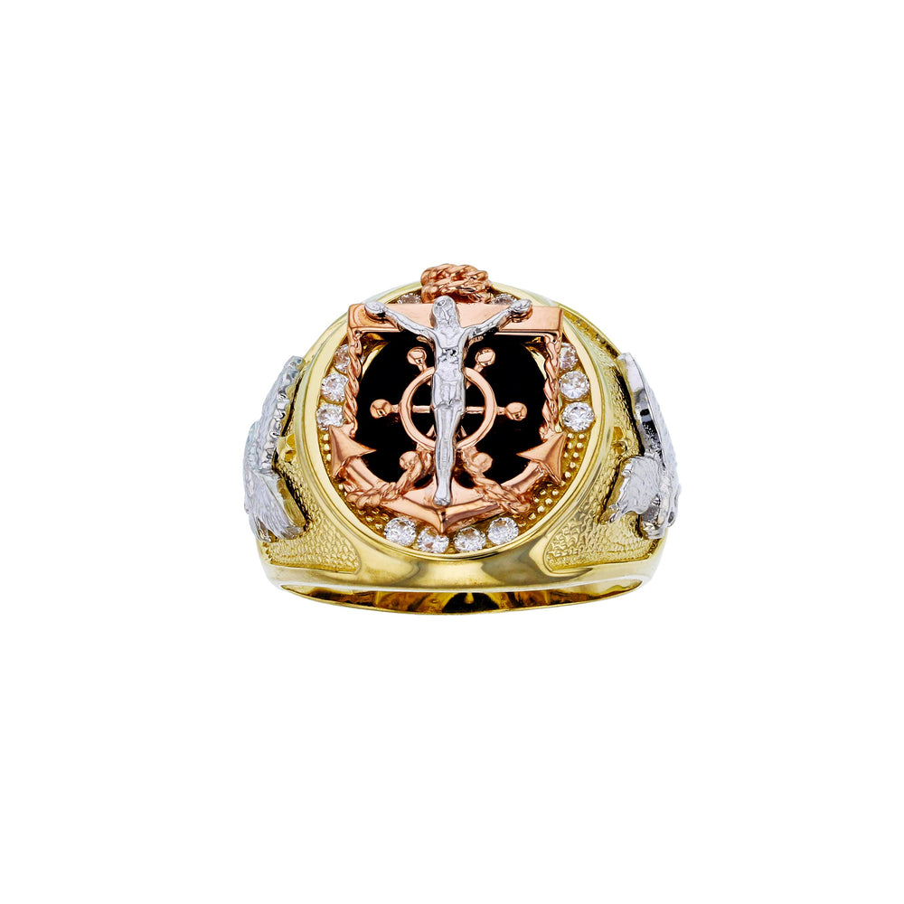 Tricolor Anchor Jesus Crucified Men's Ring (14K) Popular Jewelry New York