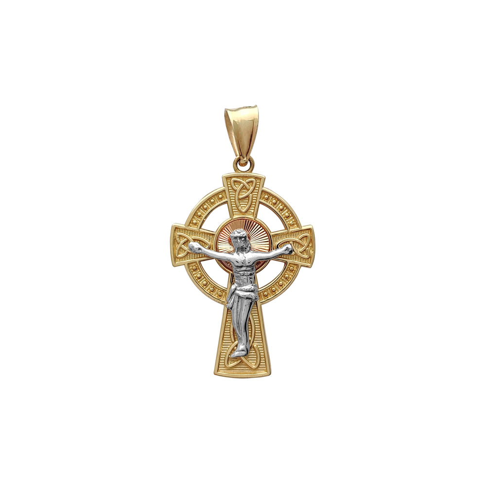 Tricolor Halo Celtic Crucifix Pendant (14K) Popular Jewelry New York