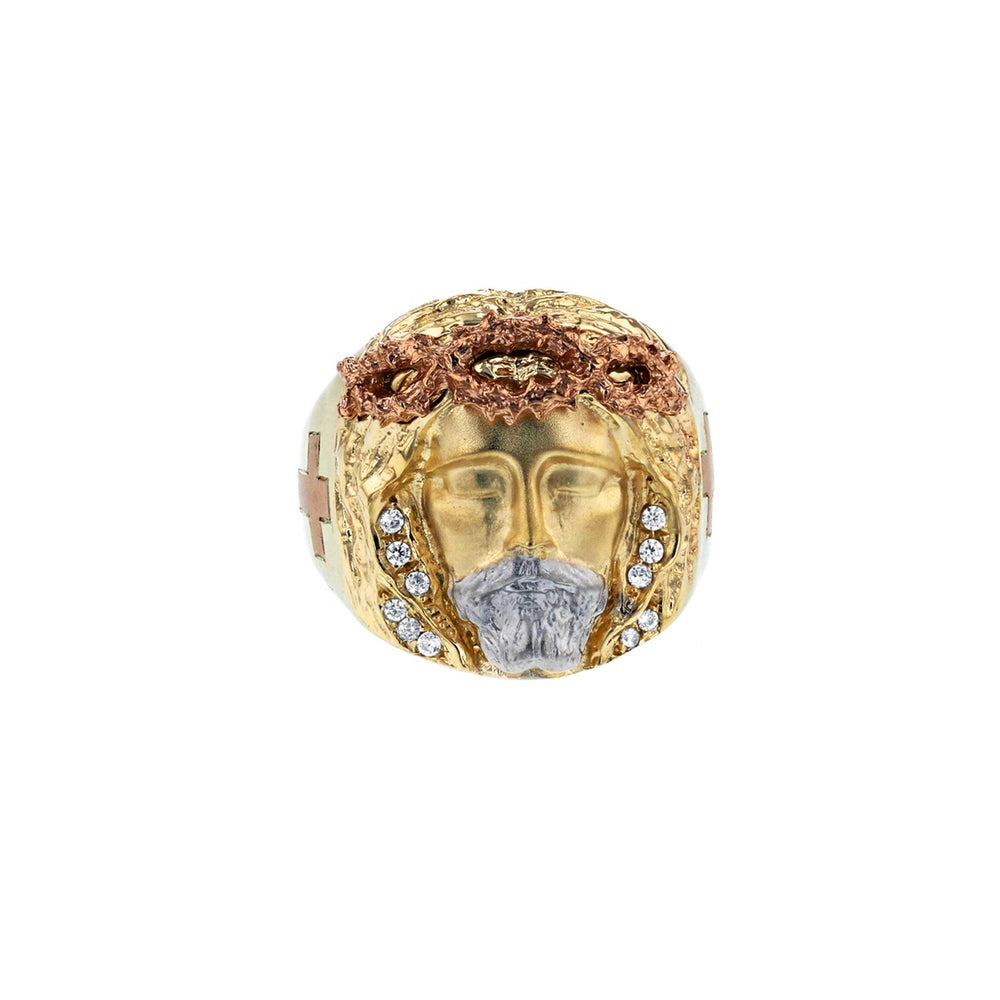 Tricolor Stone-Set Jesus Head Ring (14K) Popular Jewelry New York