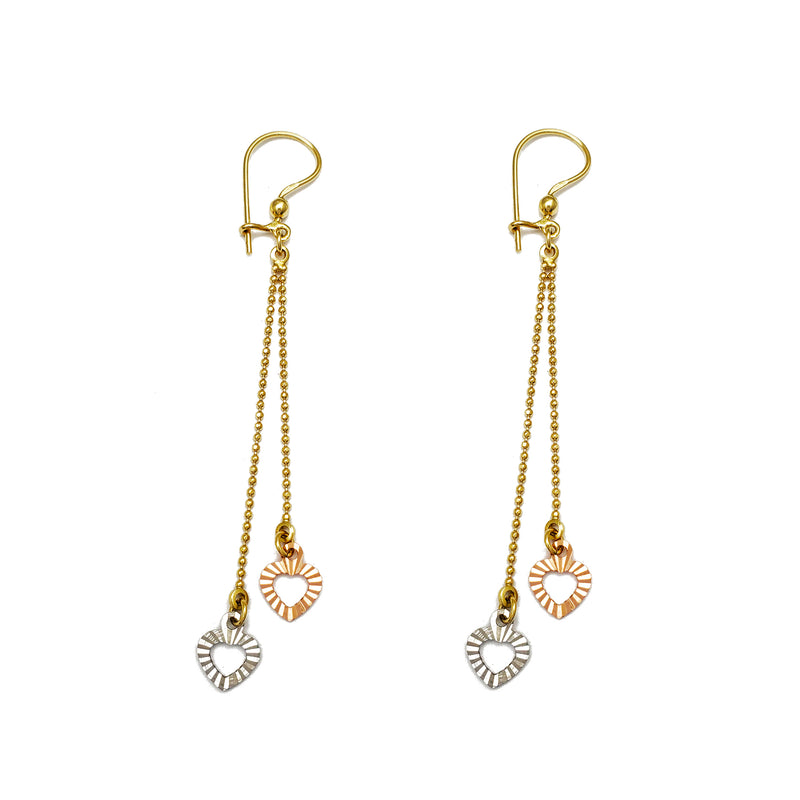Tricolor Two-Hearts & Ball Drop Earrings (14K) Popular Jewelry New York
