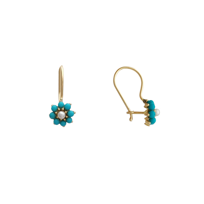 Turquoise & Pearl Flower Dangling Earrings (14K) Popular Jewelry New York
