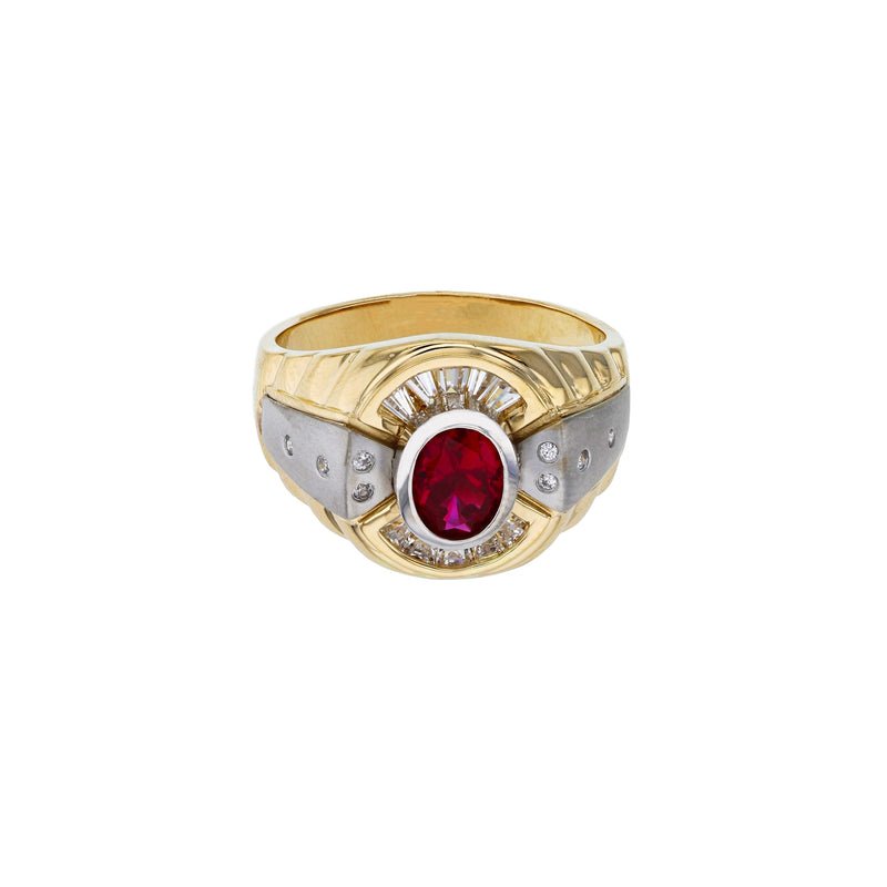 Two-Tone Channel Setting Red Oval Stone Men's Ring (14K) Popular Jewelry New York