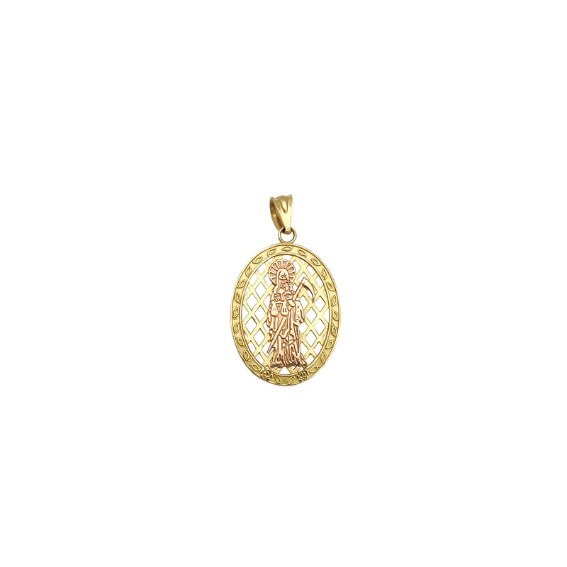 Two-Tone Oval Mesh Santa Muerte Medallion Pendant (14K) Popular Jewelry New York (XS Size)