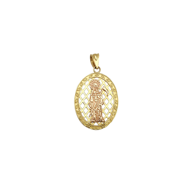 Two-Tone Oval Mesh Santa Muerte Medallion Pendant (14K) Popular Jewelry New York (M Size)