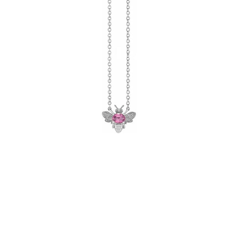 Pink Sapphire Bee Gemstone Charm Necklace white (14K) front - Popular Jewelry - New York