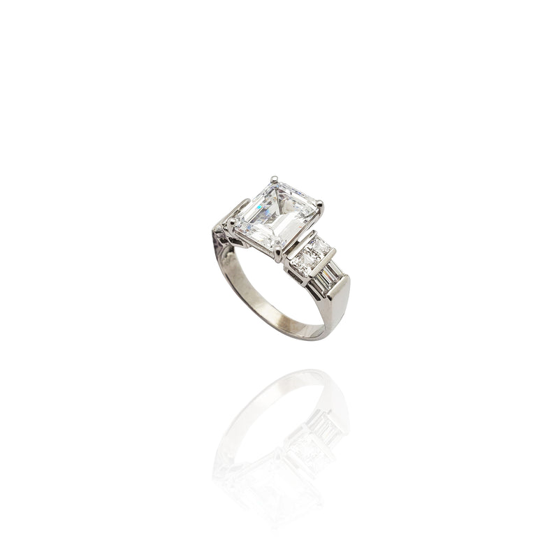 Emerald Cut Bezel Accent CZ Engagement Ring (14K)