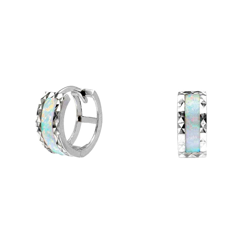 White Gold Faceted-Cuts Opal Huggie Earrings (14K) Popular Jewelry New York