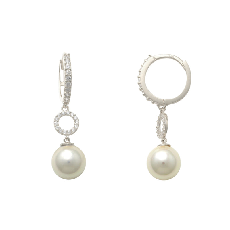 White Gold Pave Round Pearl Drop Earrings (14K) Popular Jewelry New York