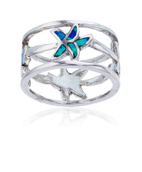 Created Blue Opal Palm Tree Eternity Ring (Silver)
