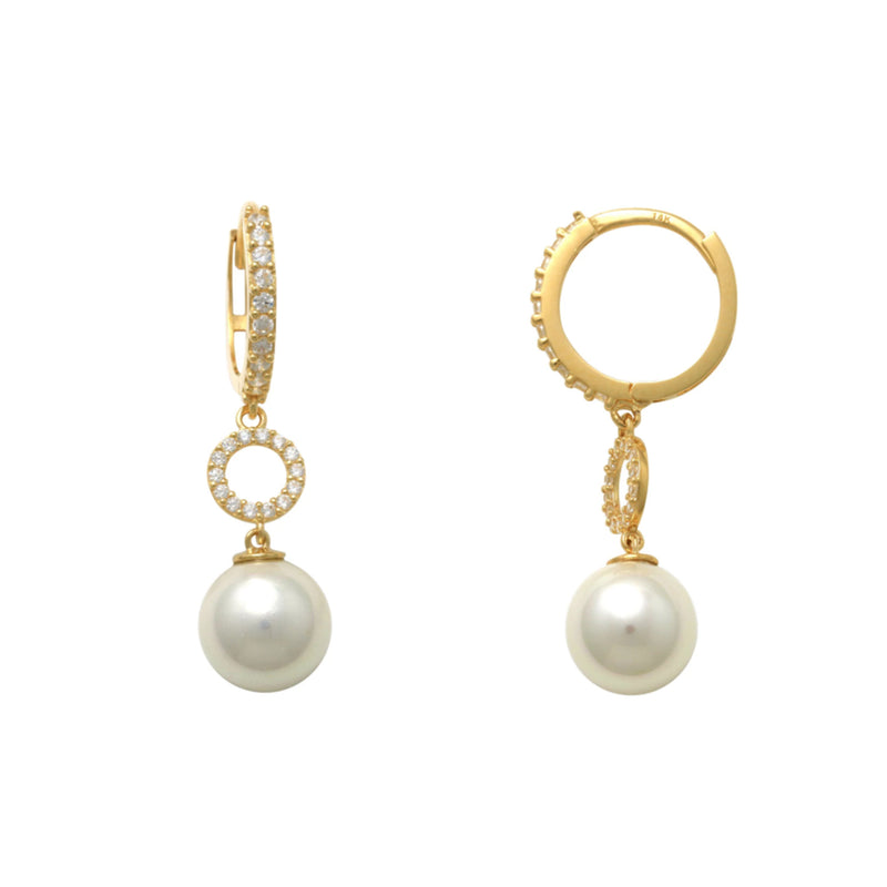 Yellow Gold Pave Round Pearl Drop Earrings (14K) Popular Jewelry New York