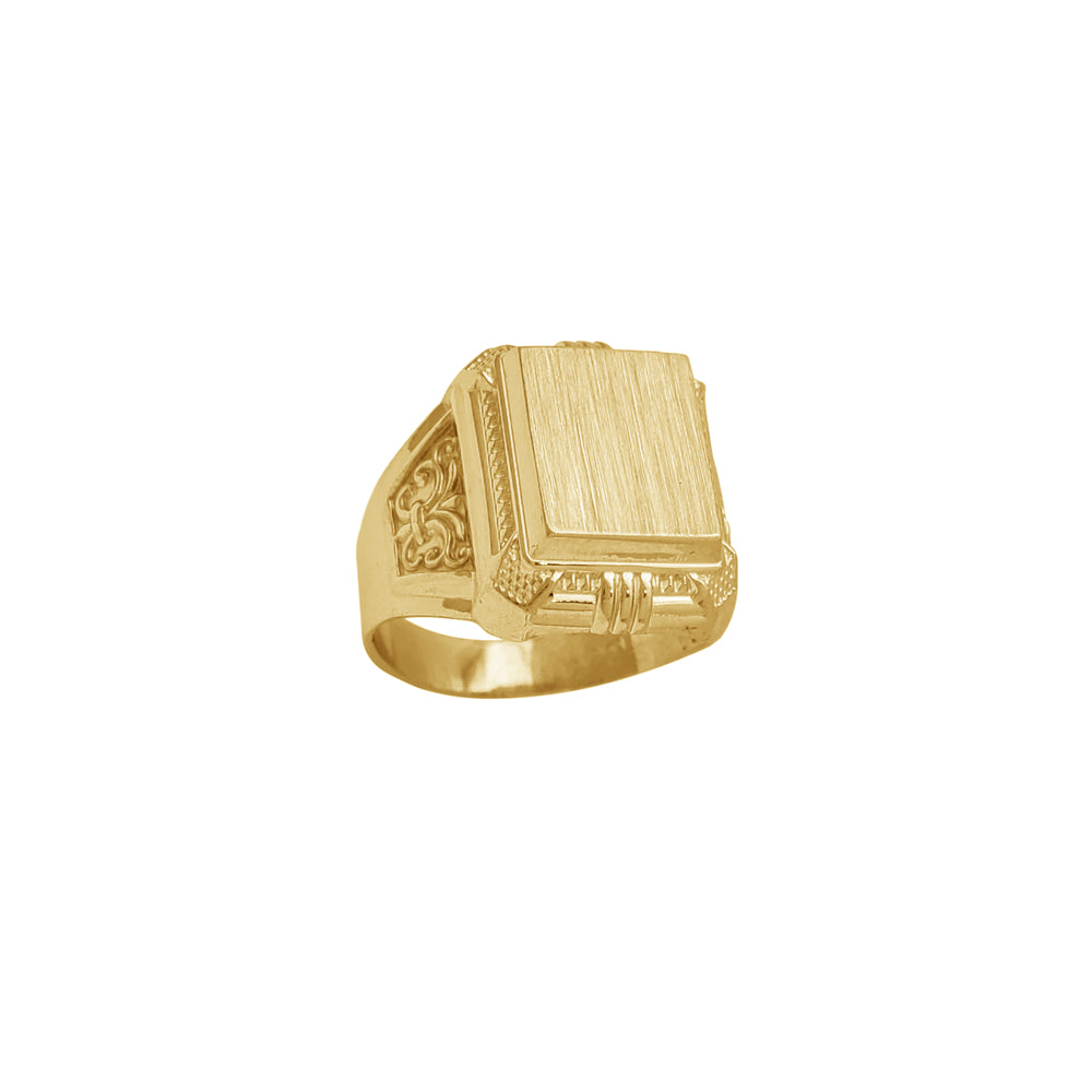 Fleur de Lis Brushed Finish Texture Rectangle Men's Signet Ring (14K)
