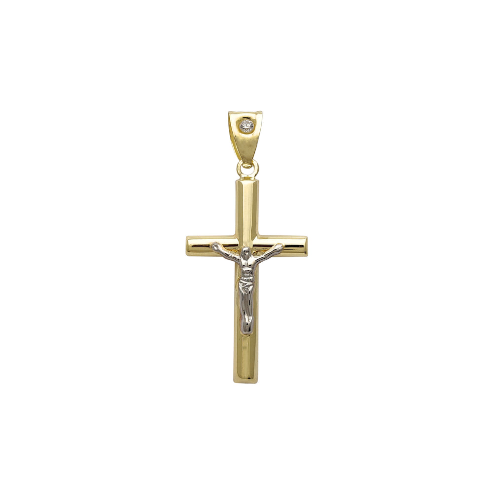 Zirconia Bail Two-Tone Crucifix Pendant (14K)