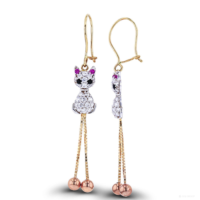 Zirconia Cat Dangling Earrings (14K) Popular Jewelry New York
