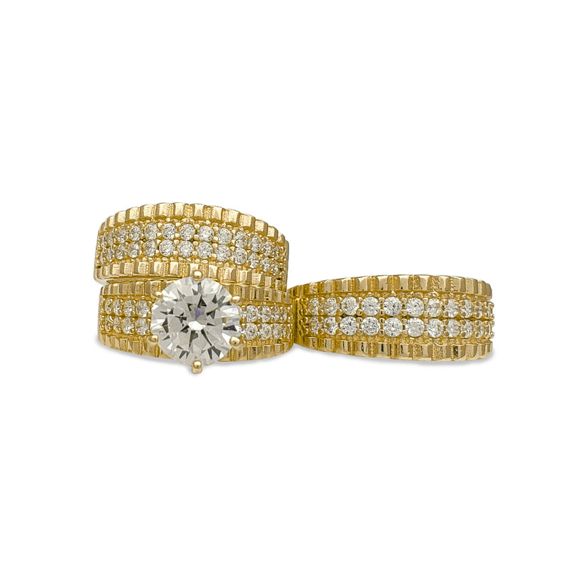 Zirconia Two-Row Ridged Three-Piece Set Ring (14K) Popular Jewelry New York