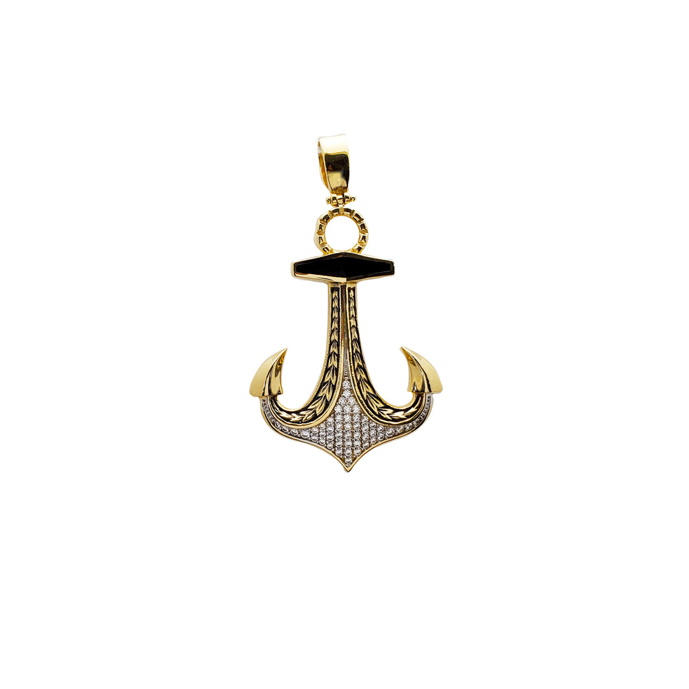 Black Onyx & Cubic Zirconia Anchor Pendant (14K)