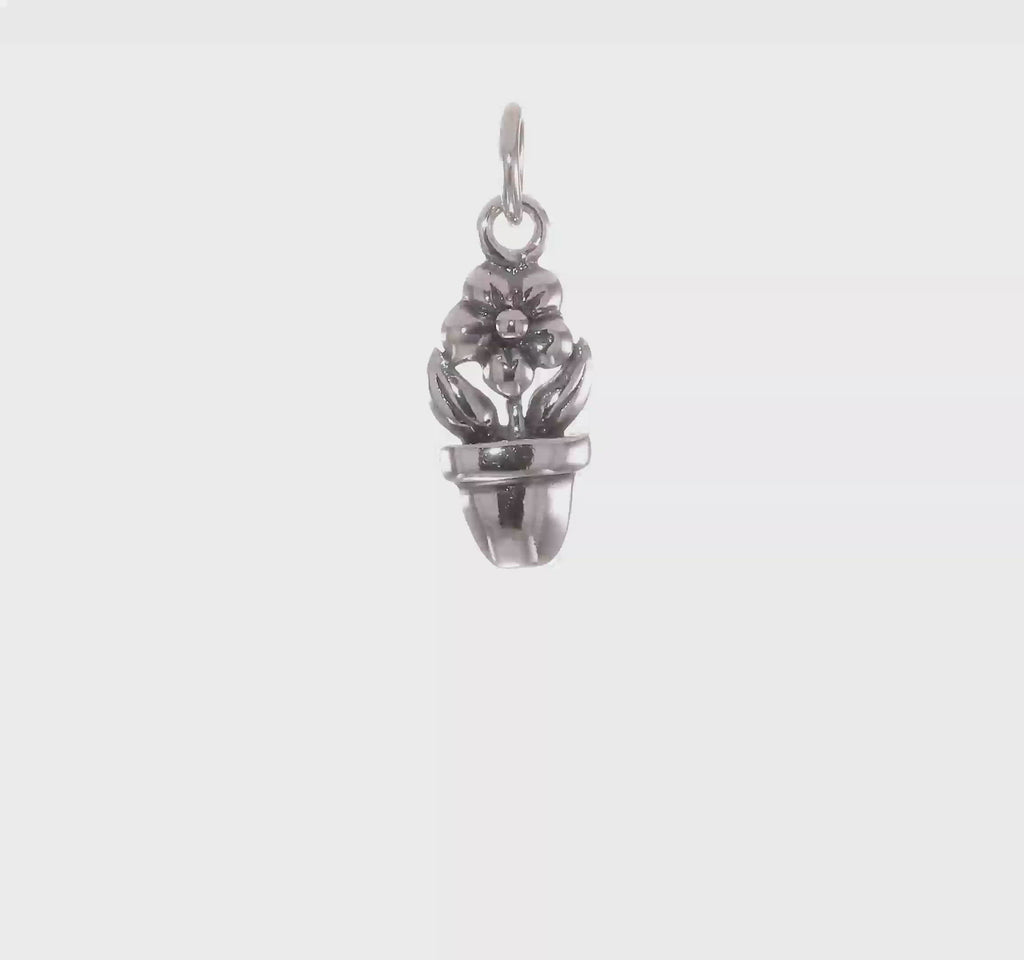 Antiqued Flower in a Pot Pendant (Silver) 360 - Popular Jewelry - New York