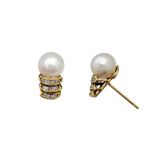 Baguette Diamond With South Sea Pearl Earrings (14K)