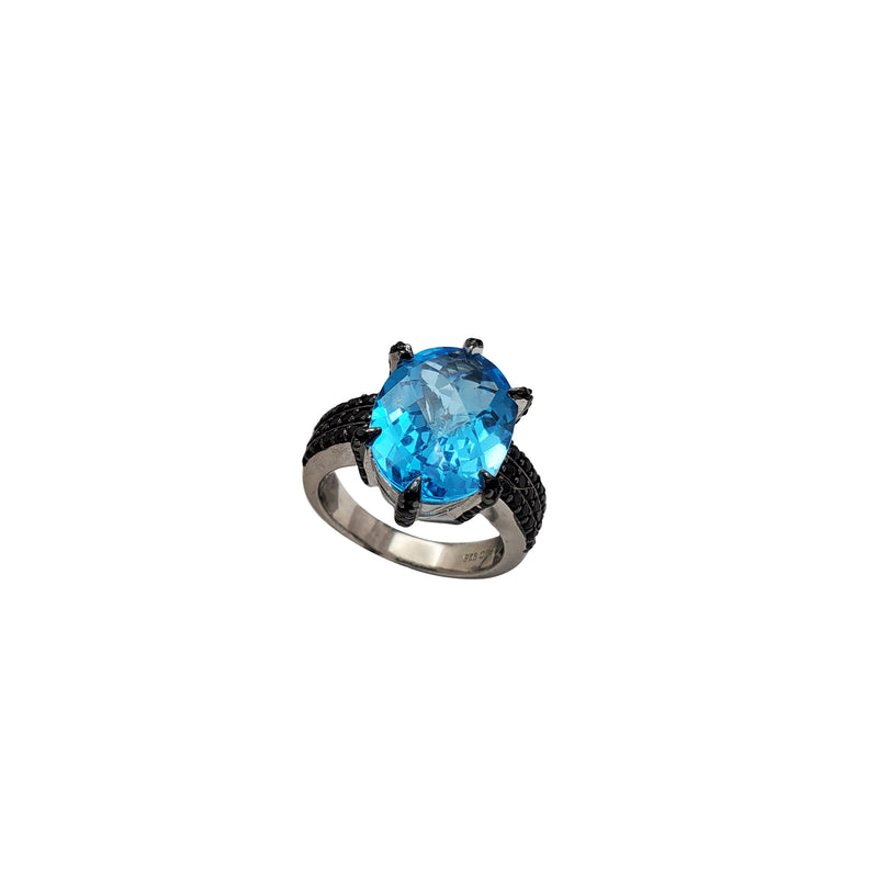 Blue Oval and Black Cz Cocktail Ring (Silver)