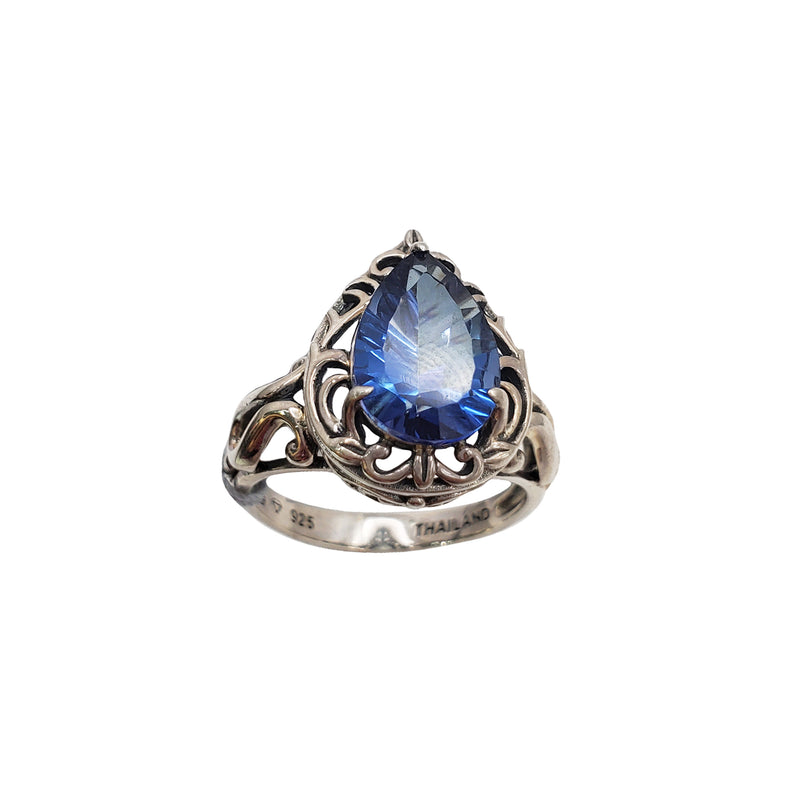 Blue Zirconia Antique-Finish Ring (Silver)