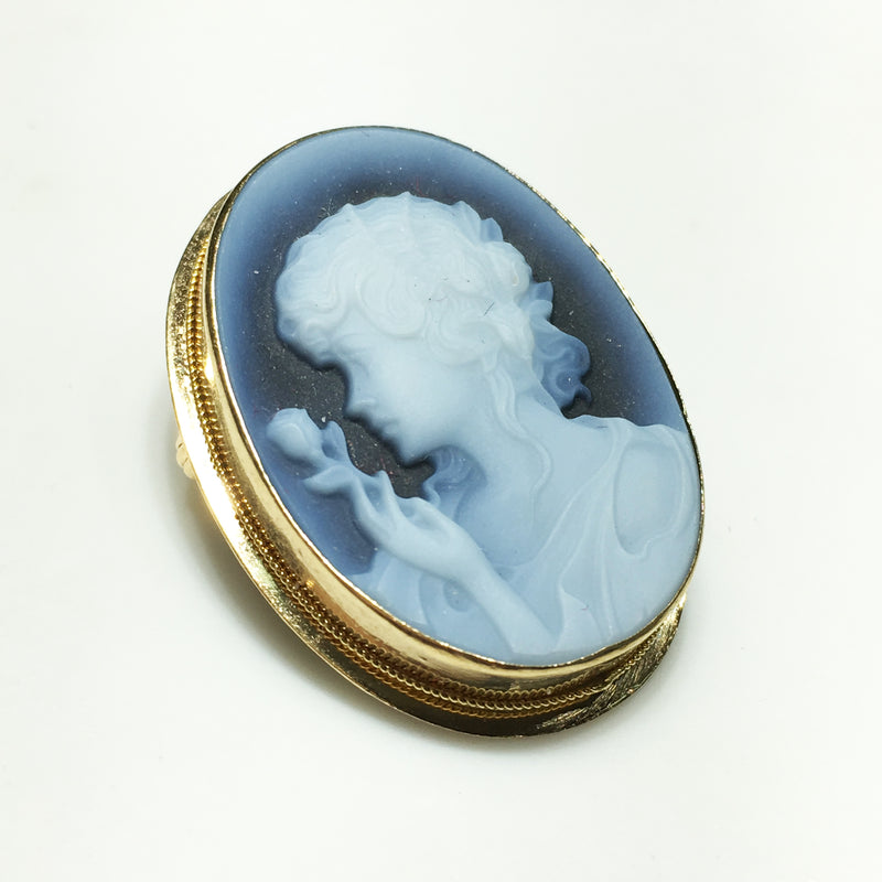 blue agate lady rose cameo brooch pendant 14k