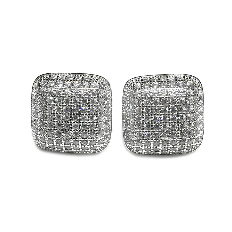 Iced-Out Convex Square Stud Earring (Silver)
