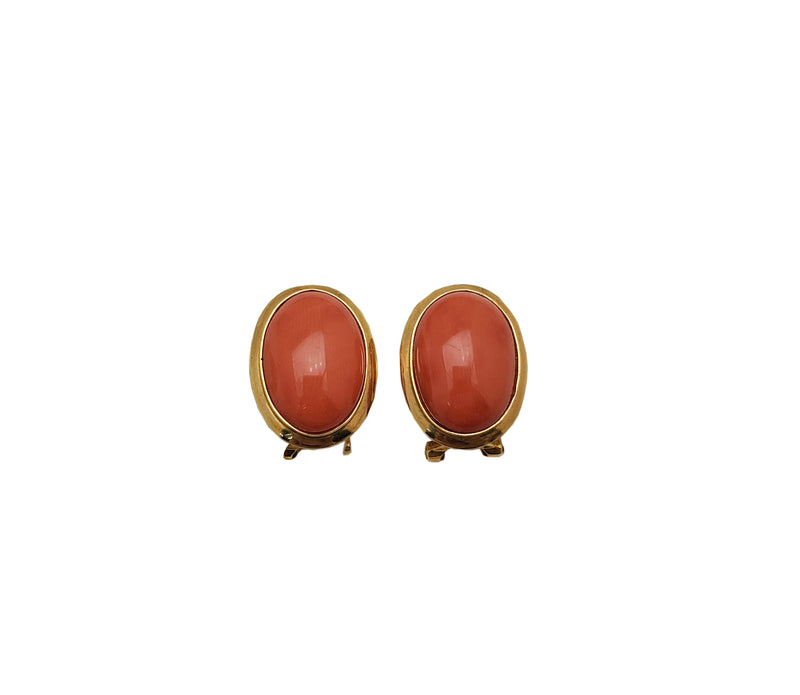 Oval Red Coral Omega Stud Earrings (14K)
