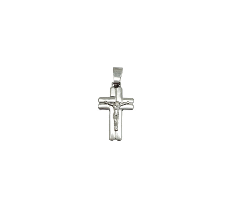 White Gold Double Tube Cross Crucifix Pendant (14K)