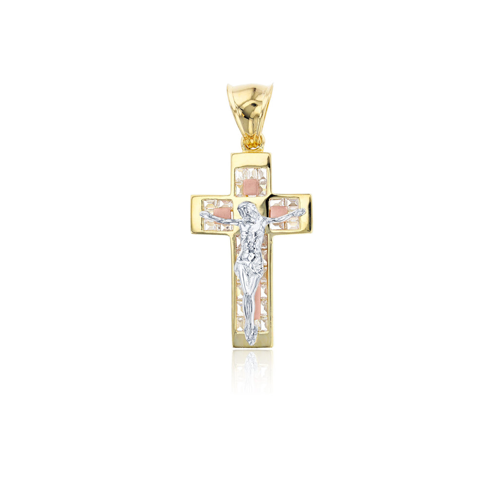 Tricolor Pave Baguette Cut Crucifix Cross Pendant (14K)